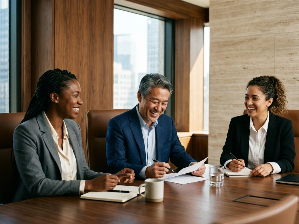 Coworkers talking in the coference room