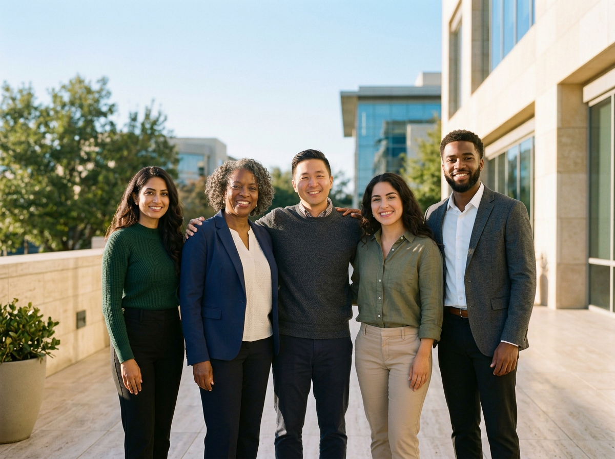 Group of employees smiling for a photo together.